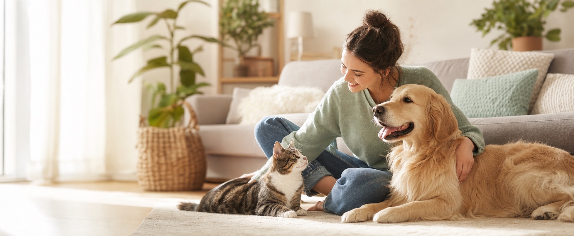 主人在家中陪伴犬猫
