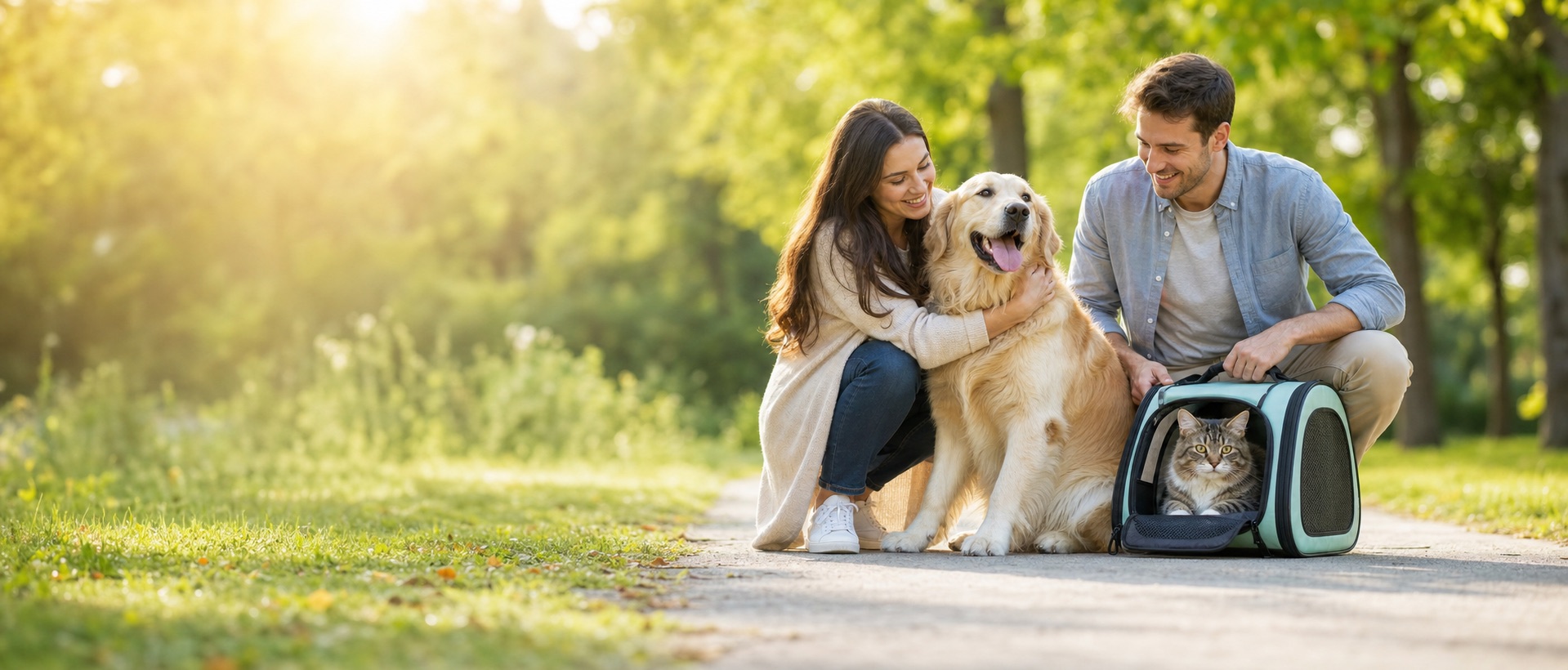 家庭在公园陪伴犬猫
