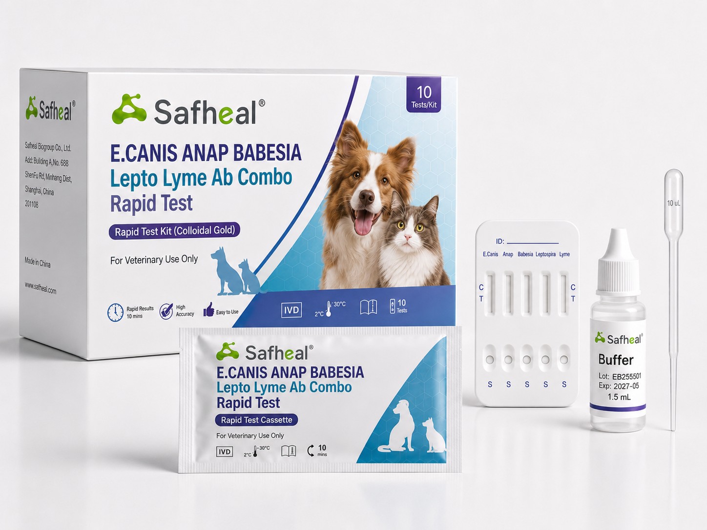 E. canis / Anaplasma / Babesia / Leptospira / Lyme Ab Kombinations Schnelltest