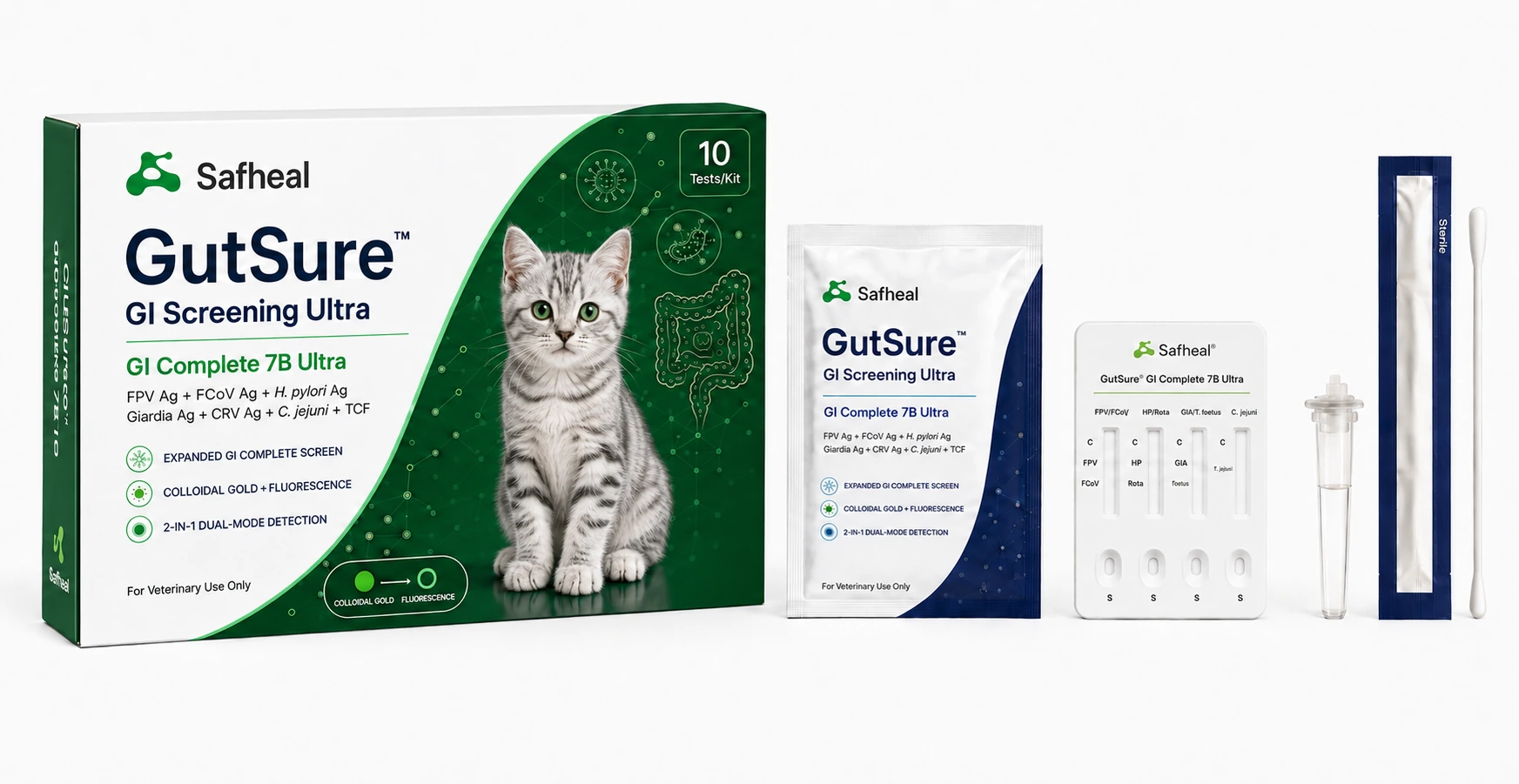 GutSure GI Complete 7B Ultra(FPV Ag, FCoV Ag, H. pylori, Giardia Ag, CRV, C. jejuni, TCF Combo Test)