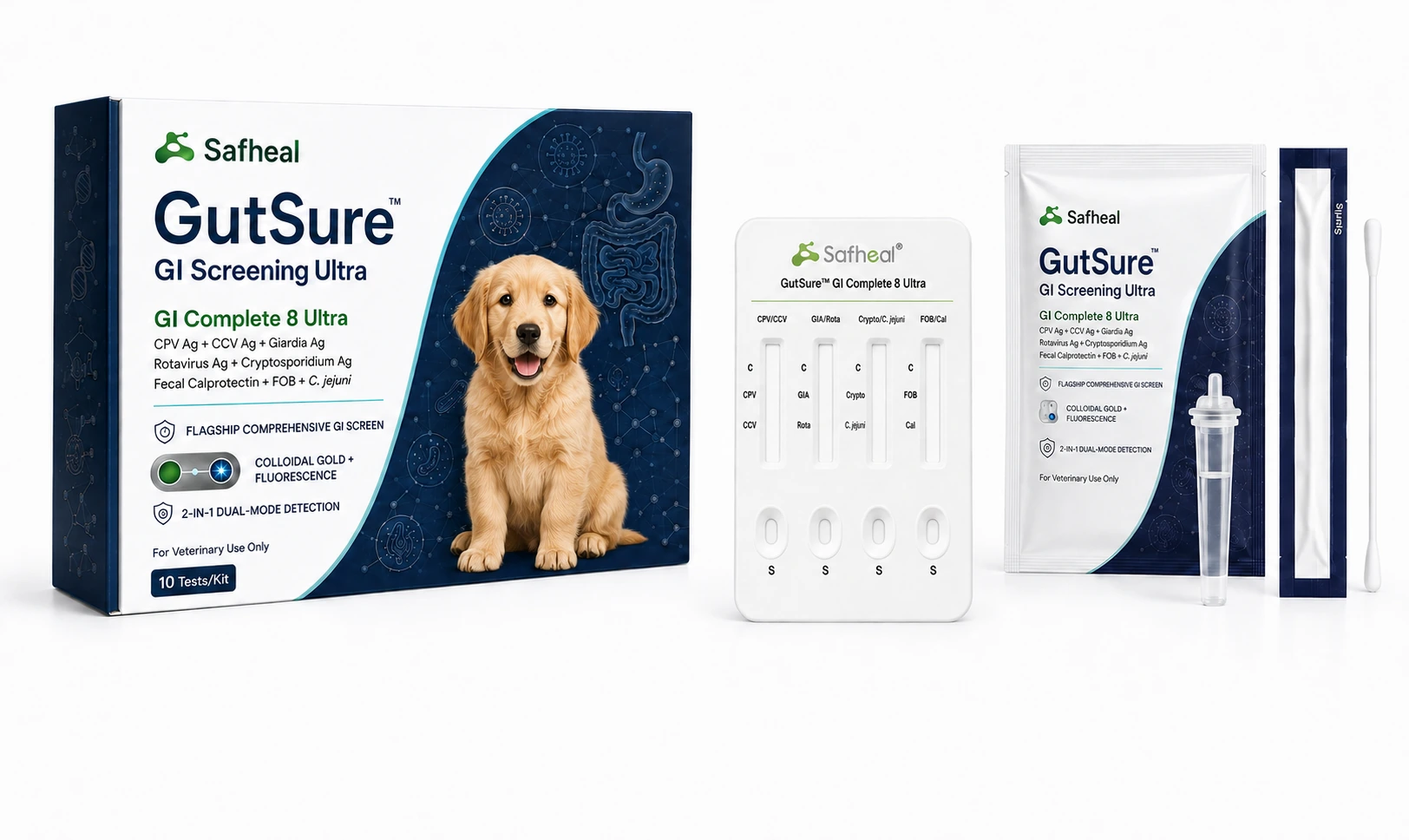 GutSure GI Complete 8 Ultra(CPV Ag, CCV Ag, Giardia Ag, Rotavirus Ag, Cryptosporidium Ag, Fecal Calprotectin, FOB, C. jejuni Combo Test)